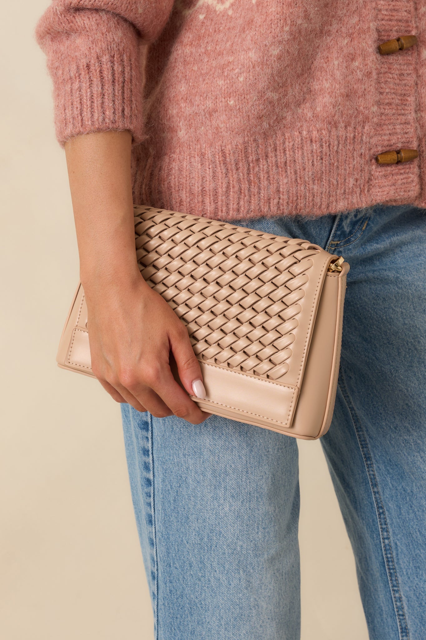 A Little Off Track Beige Woven Faux Leather Handbag