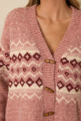 In Other Words Rose Pink Fair Isle Knit Toggle Button Up Cardigan