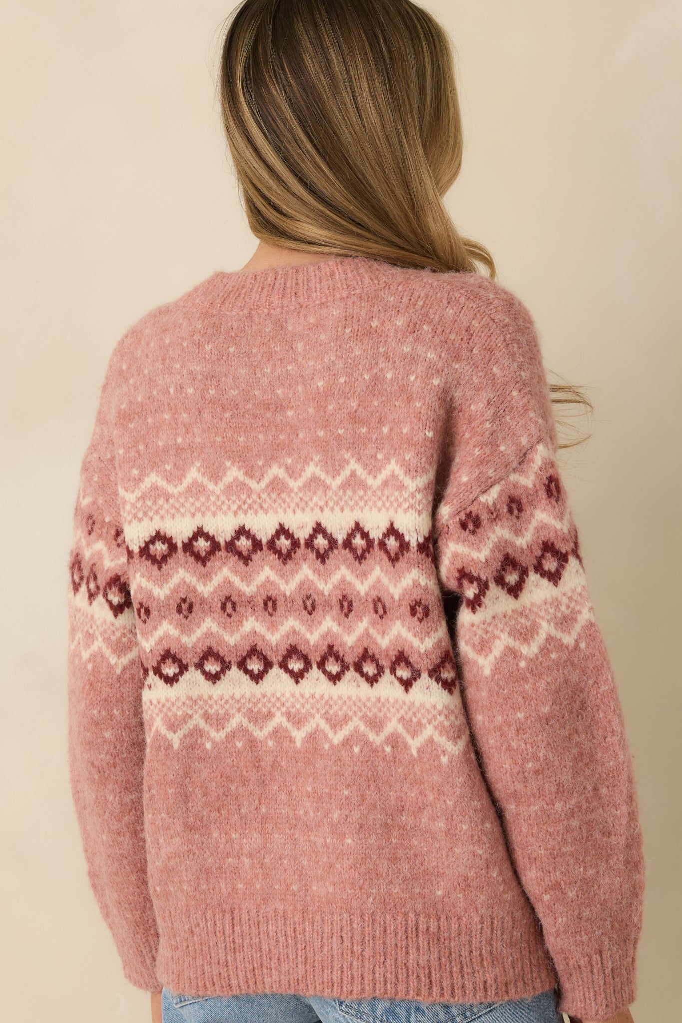 In Other Words Rose Pink Fair Isle Knit Toggle Button Up Cardigan