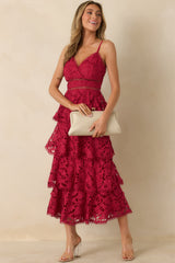 Got My Attention Red Floral Guipure Lace Tiered Maxi Dress