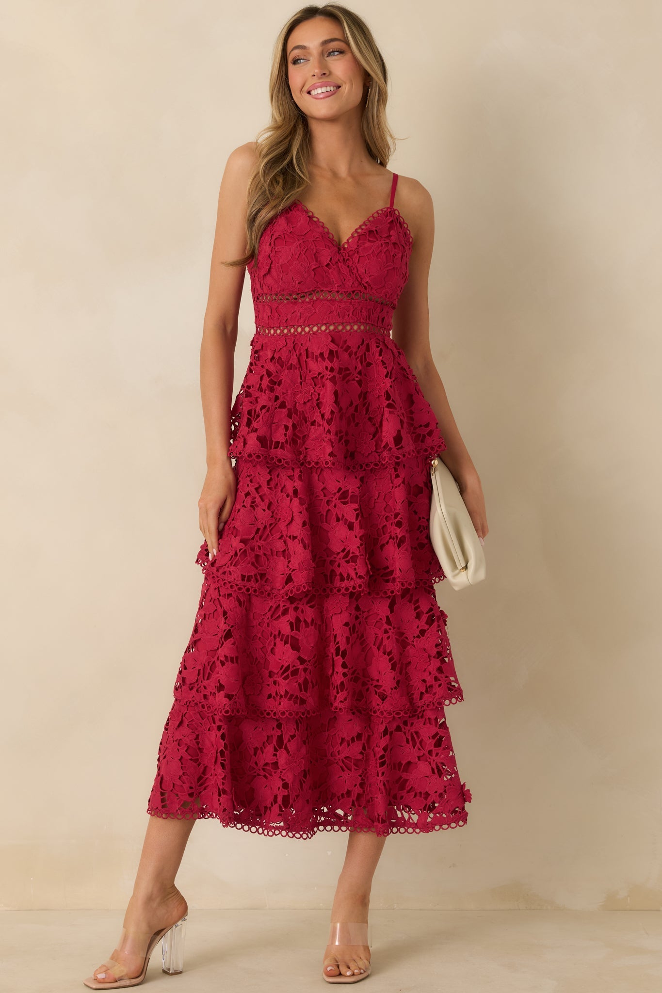 Got My Attention Red Floral Guipure Lace Tiered Maxi Dress