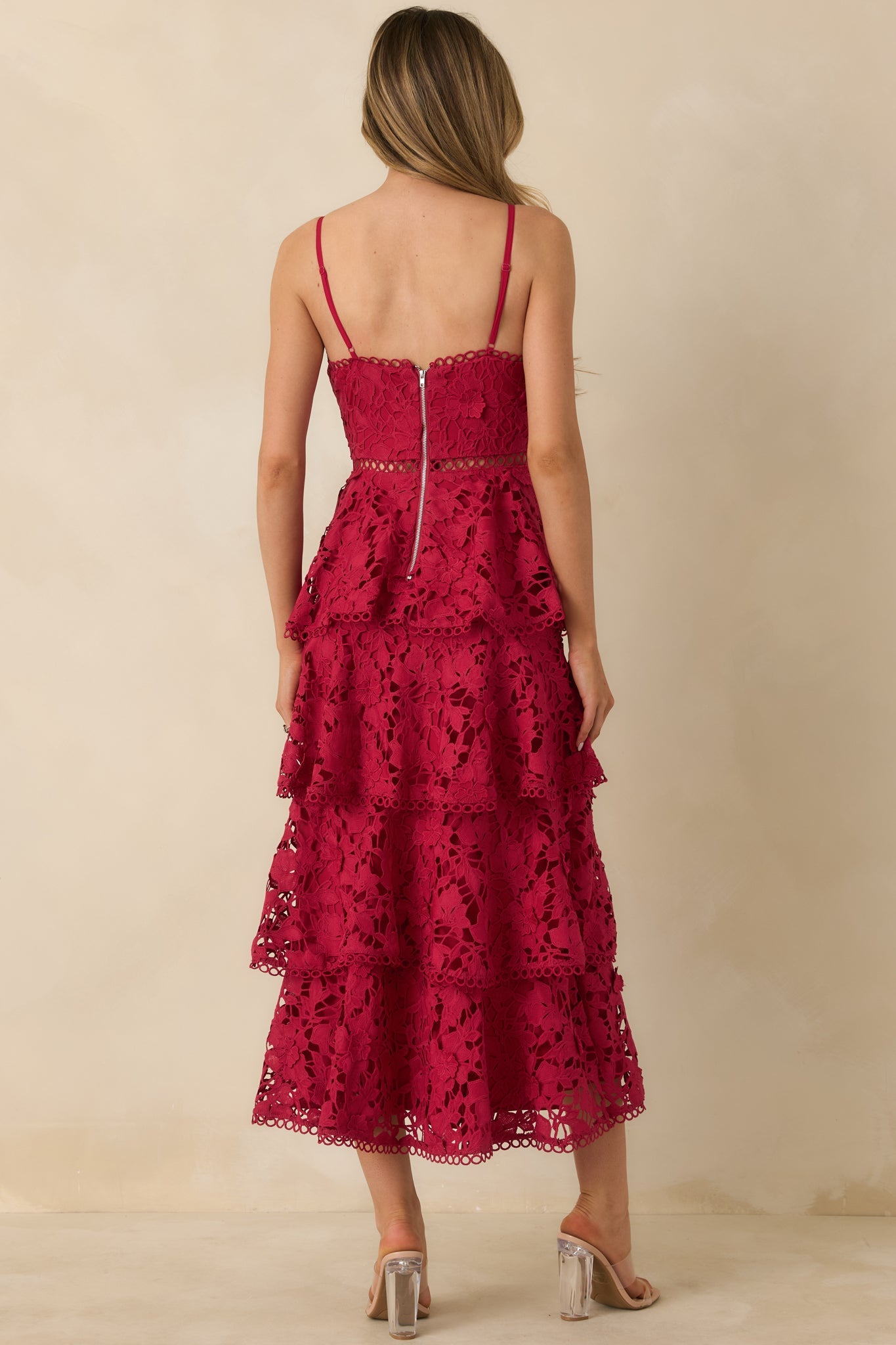 Got My Attention Red Floral Guipure Lace Tiered Maxi Dress