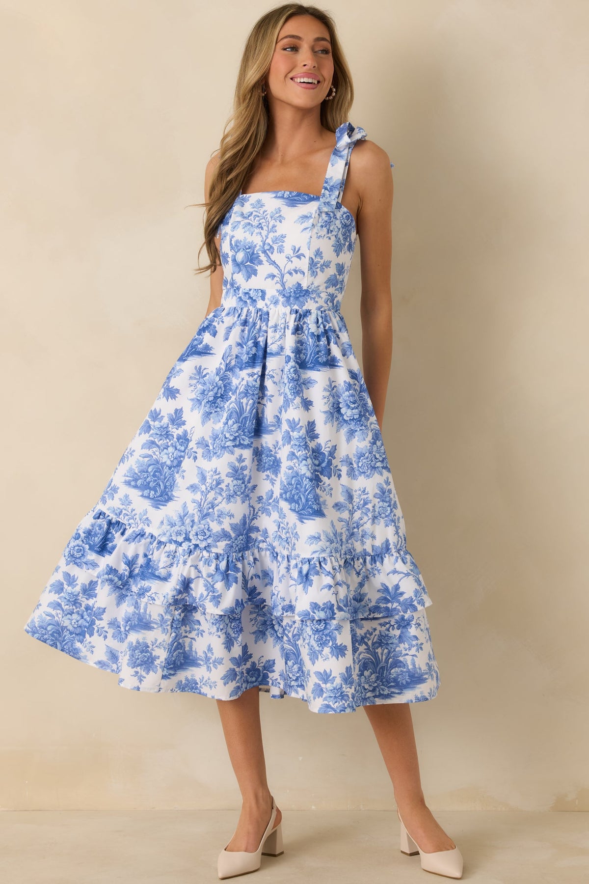 Prosperina Pemberly Blue & White Cotton Floral Tiered Midi Dress