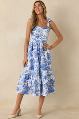 Prosperina Pemberly Blue & White Cotton Floral Tiered Midi Dress