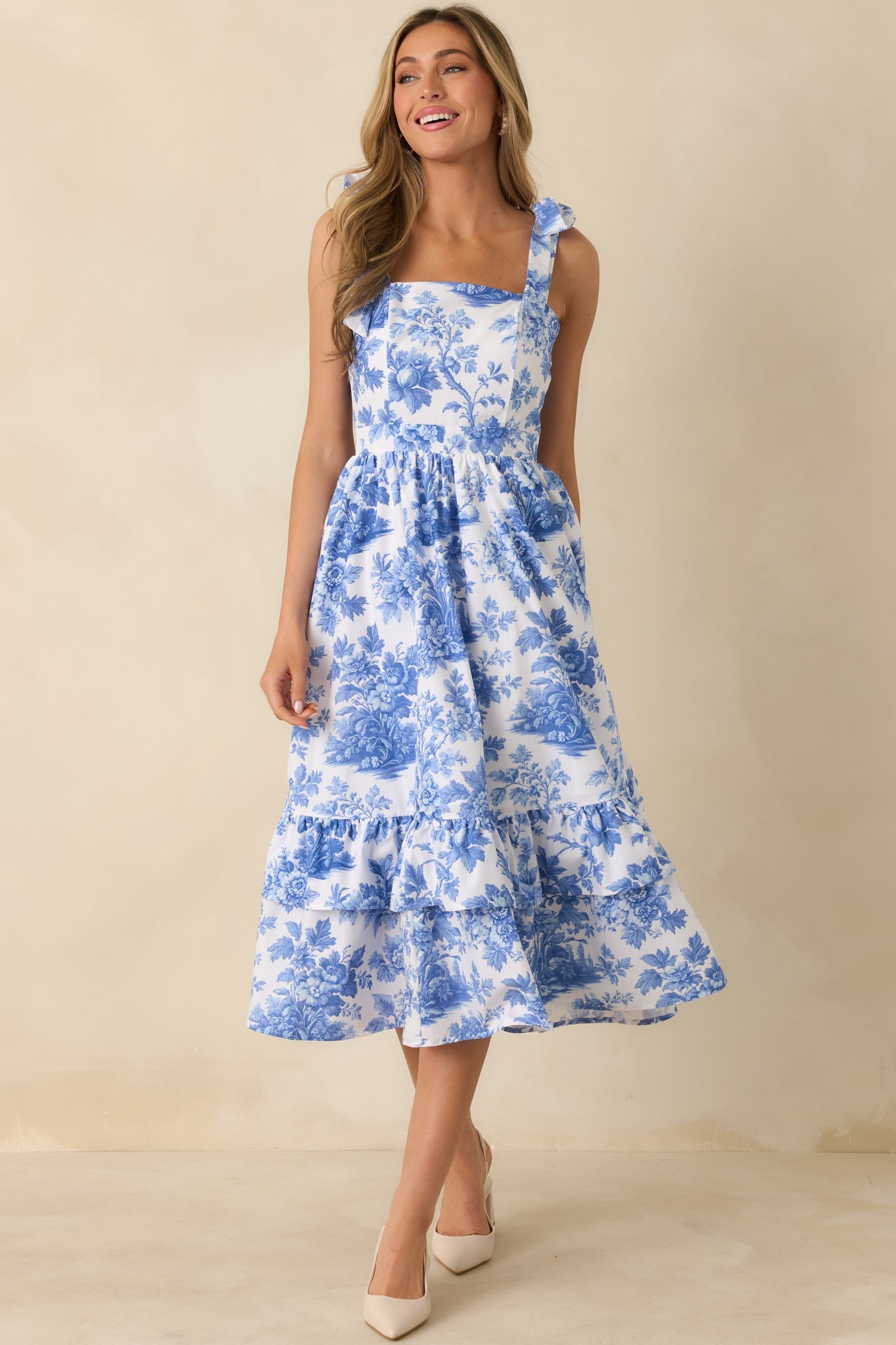 Prosperina Pemberly Blue & White Cotton Floral Tiered Midi Dress