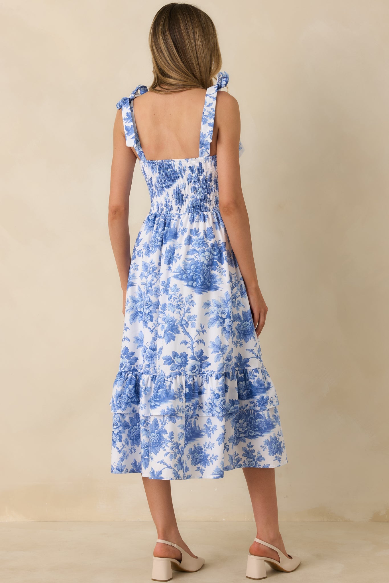 Prosperina Pemberly Blue & White Cotton Floral Tiered Midi Dress