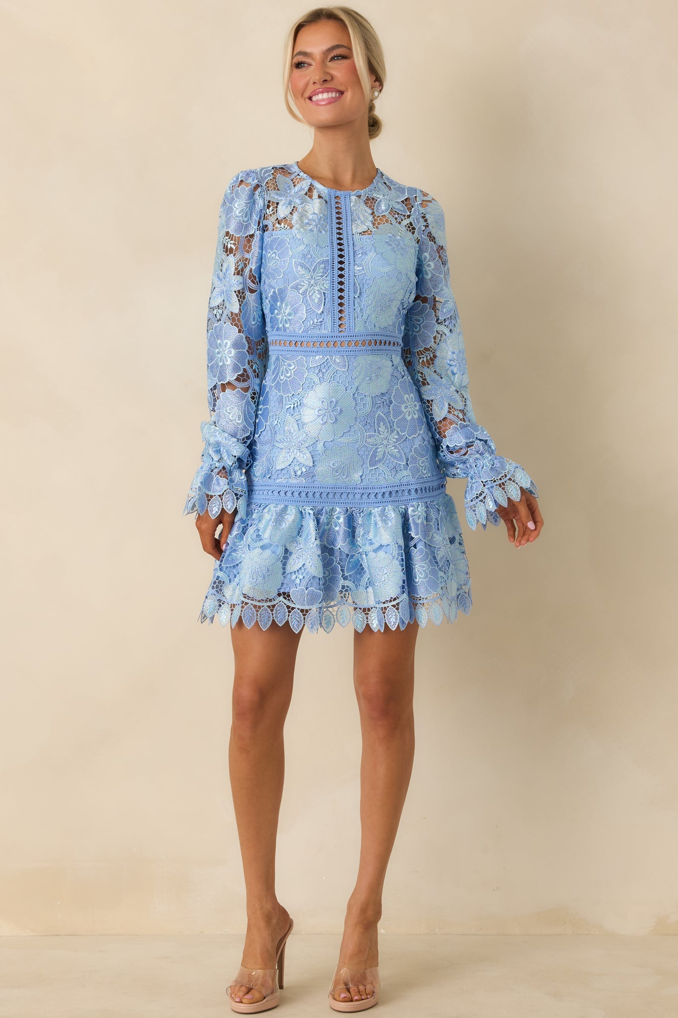 Keep It Authentic Light Blue Floral Embroidered Mini Dress