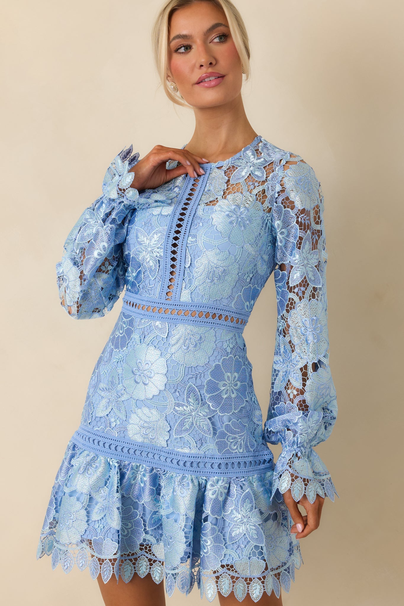 Keep It Authentic Light Blue Floral Embroidered Mini Dress