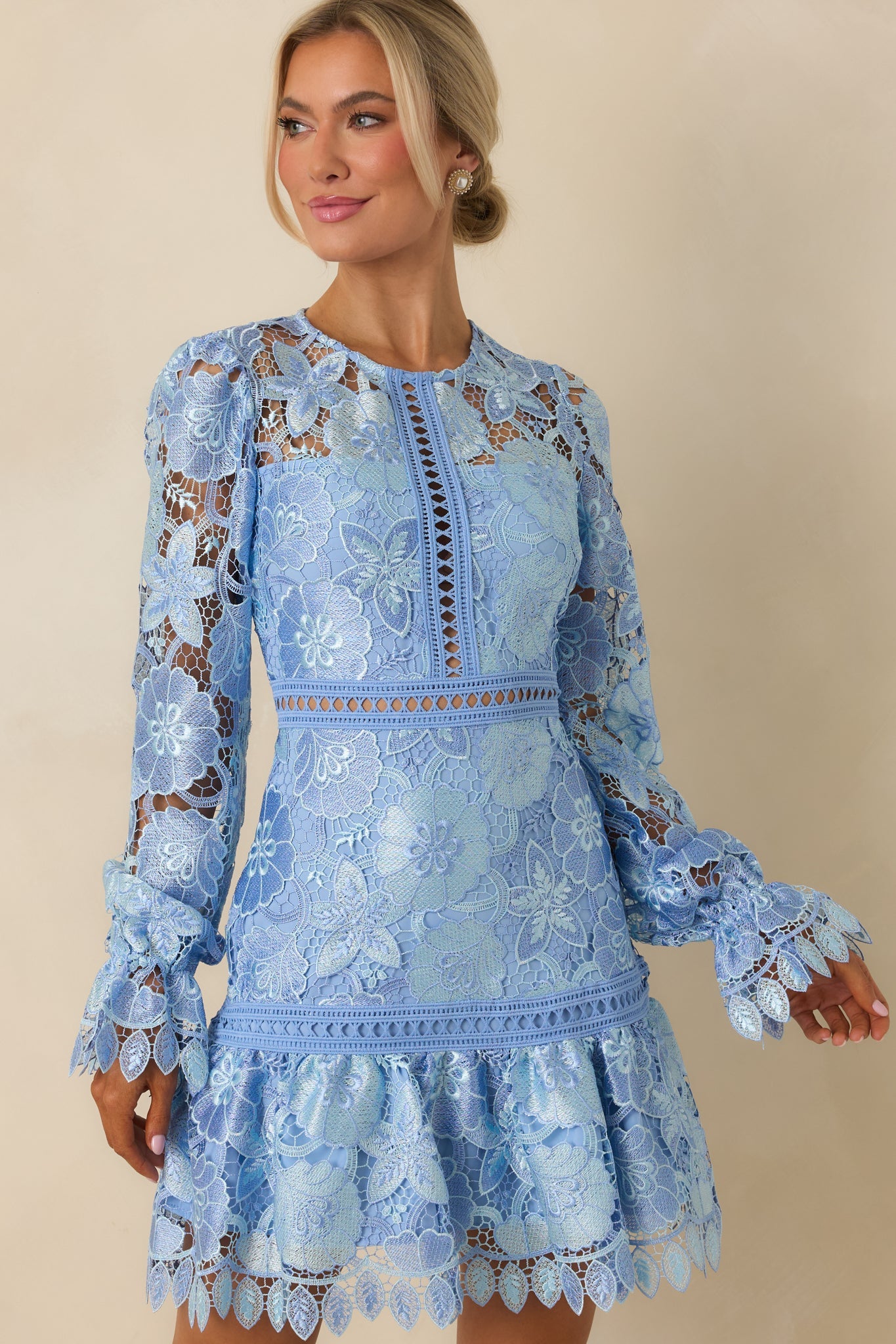 Keep It Authentic Light Blue Floral Embroidered Mini Dress