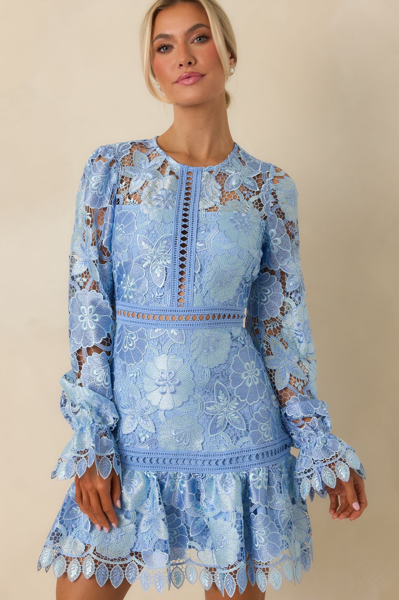 Keep It Authentic Light Blue Floral Embroidered Mini Dress
