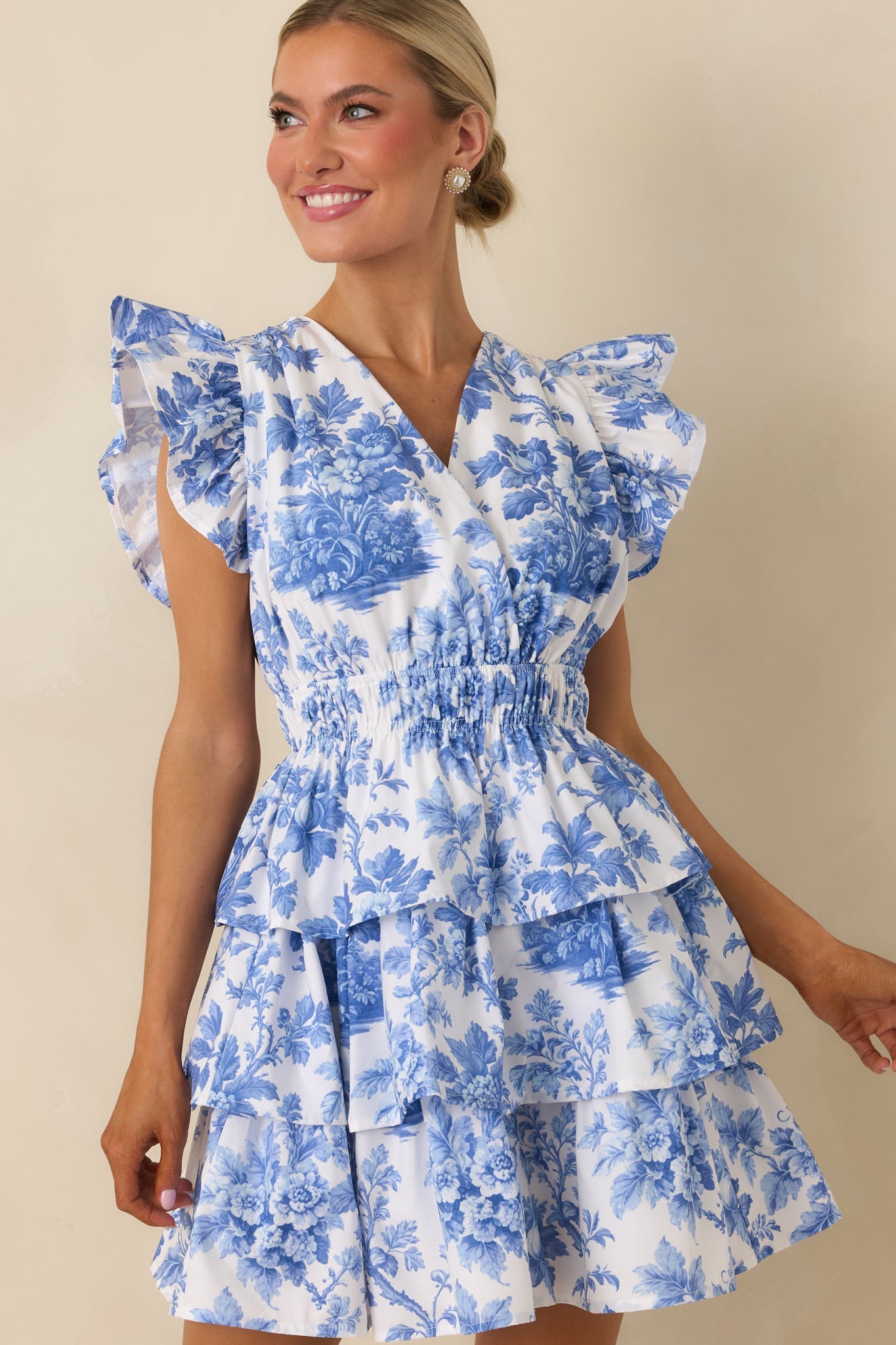 Prosperina Bridget Blue & White Cotton Floral Ruffle Tiered Mini Dress