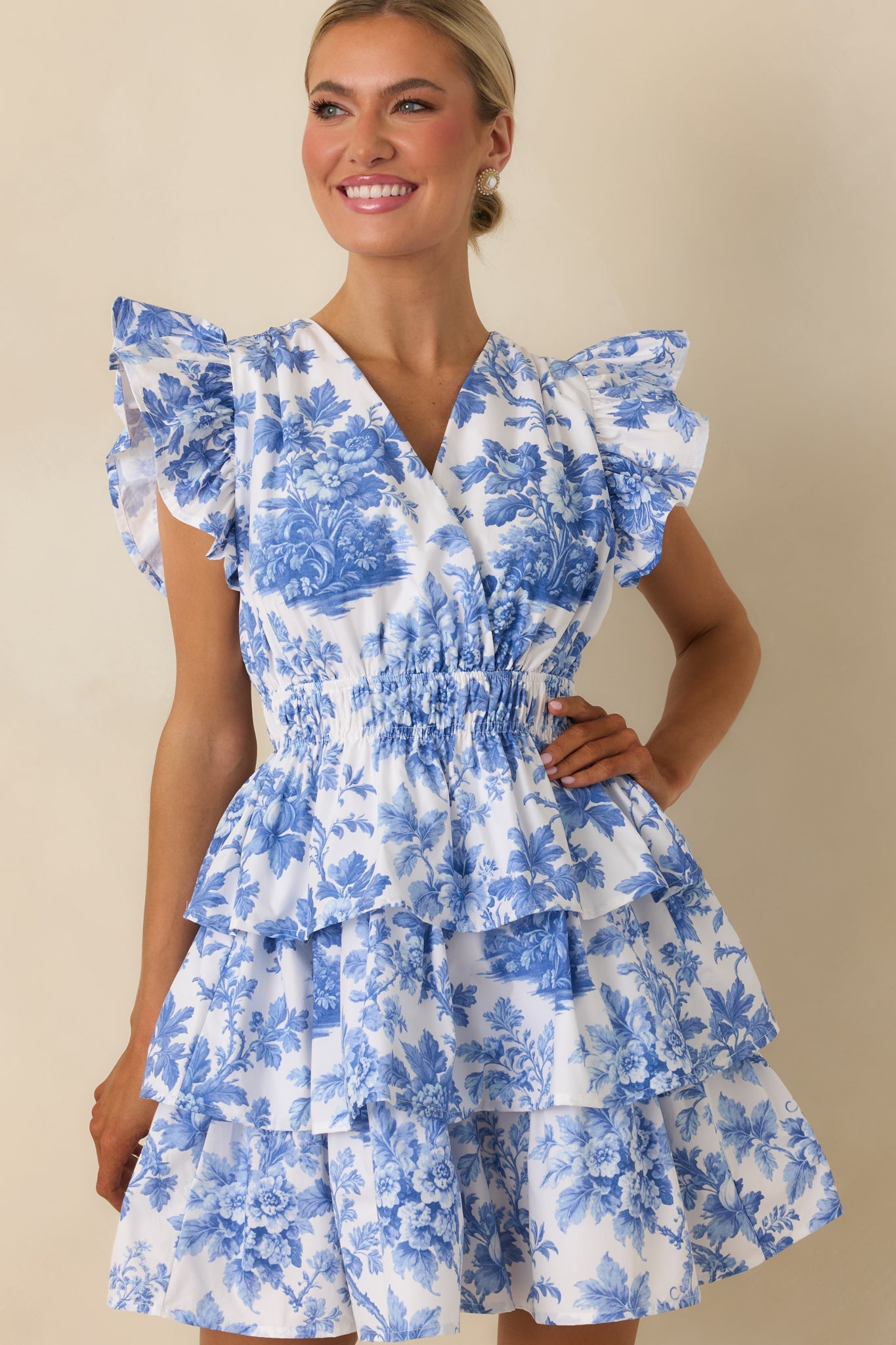 Prosperina Bridget Blue & White Cotton Floral Ruffle Tiered Mini Dress
