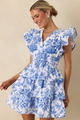 Prosperina Bridget Blue & White Cotton Floral Ruffle Tiered Mini Dress
