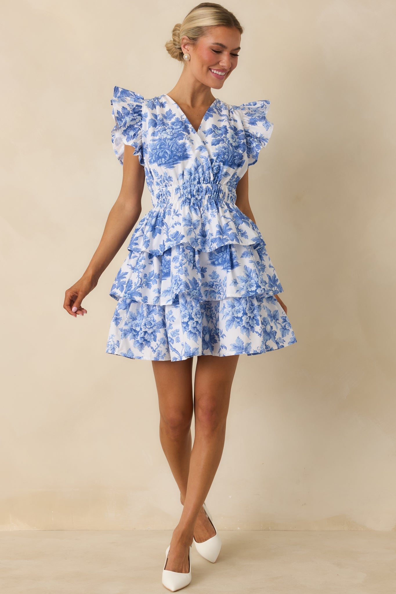 Prosperina Bridget Blue & White Cotton Floral Ruffle Tiered Mini Dress