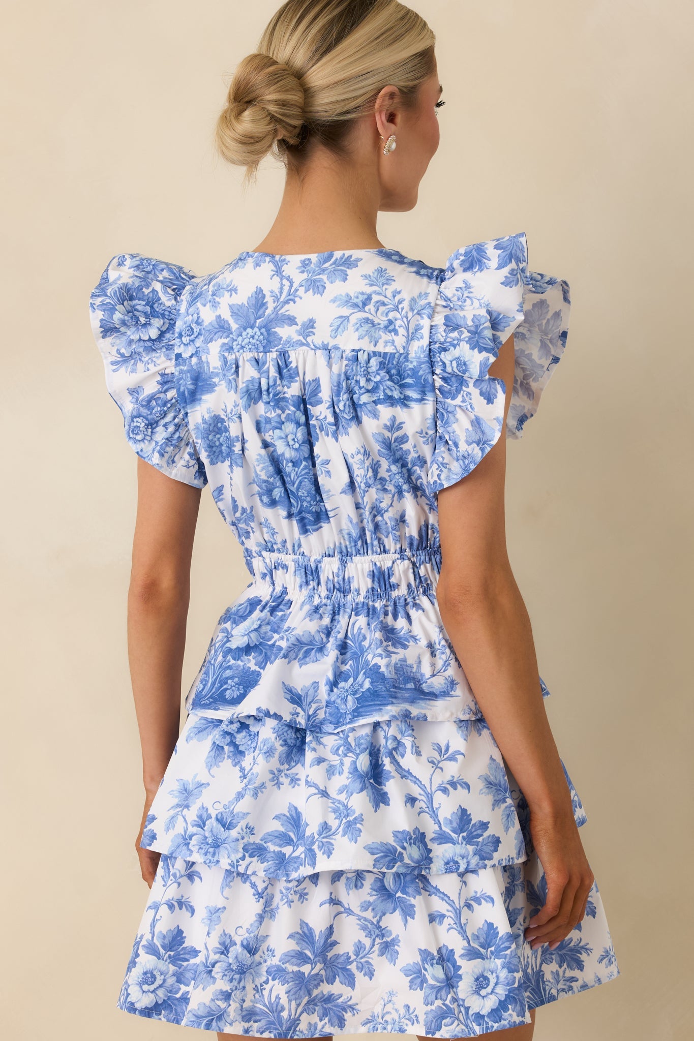 Prosperina Bridget Blue & White Cotton Floral Ruffle Tiered Mini Dress