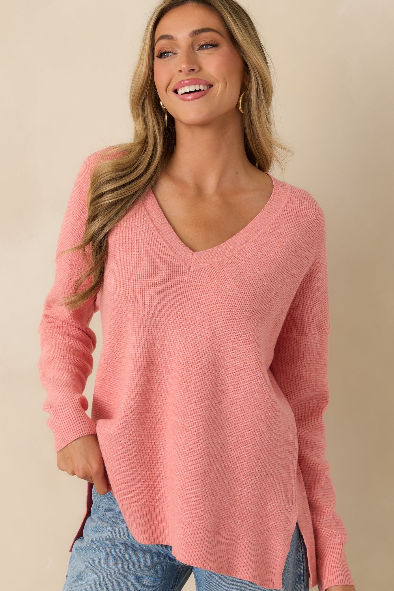 Cozy Afternoon Rose Pink V-Neck Sweater