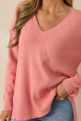 Cozy Afternoon Rose Pink V-Neck Sweater