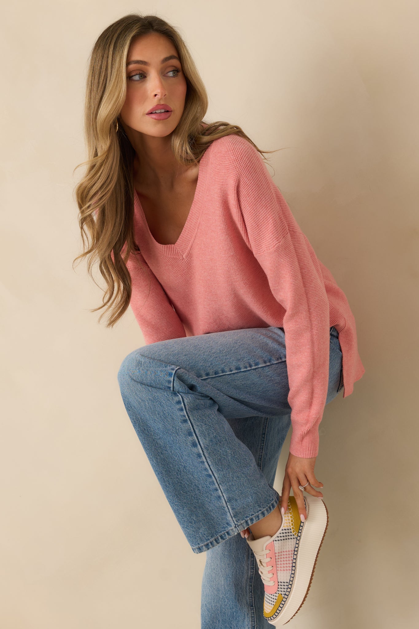 Cozy Afternoon Rose Pink V-Neck Sweater