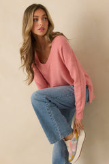 Cozy Afternoon Rose Pink V-Neck Sweater