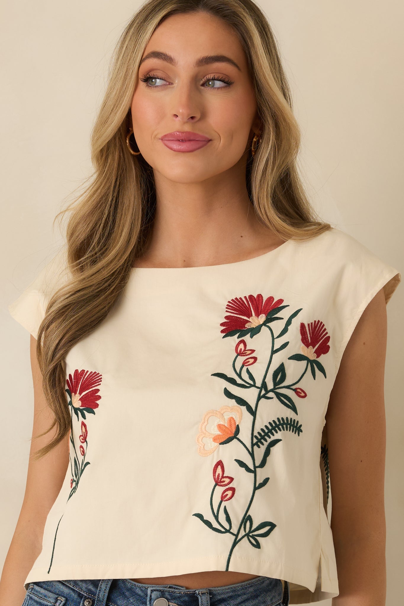 Found Treasures Natural Multi Floral Embroidered Crop Top