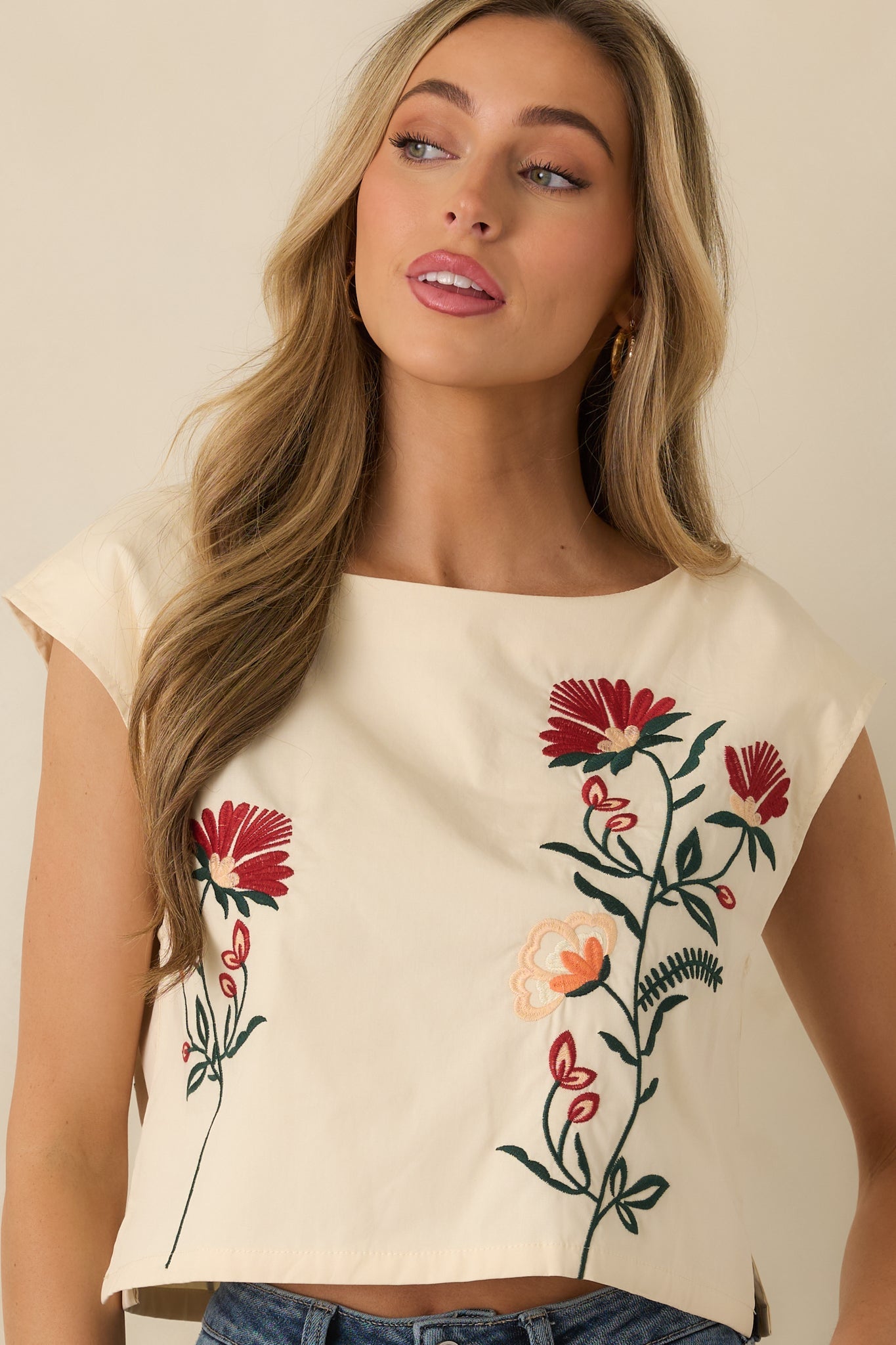 Found Treasures Natural Multi Floral Embroidered Crop Top