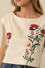 Found Treasures Natural Multi Floral Embroidered Crop Top