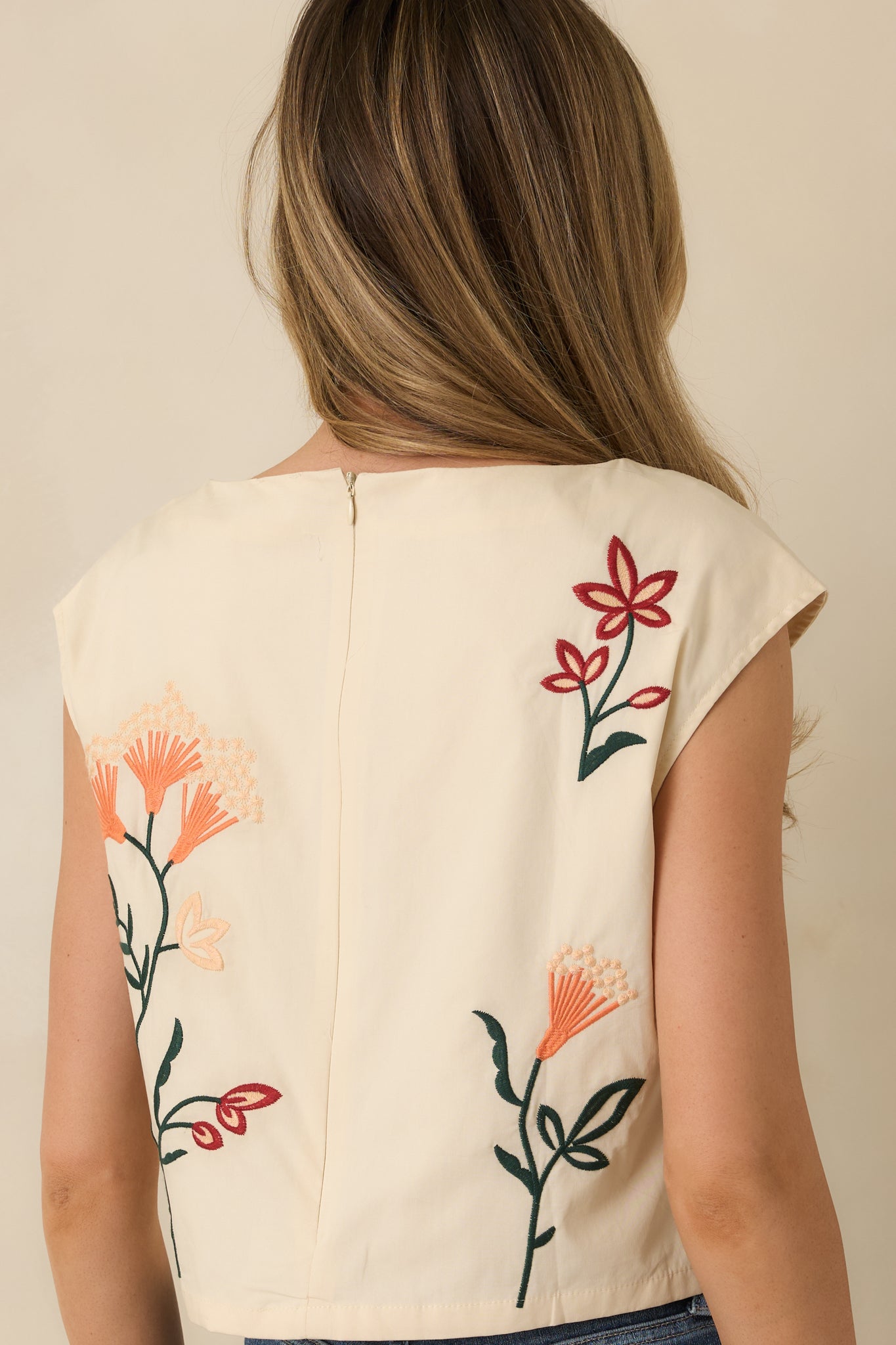 Found Treasures Natural Multi Floral Embroidered Crop Top