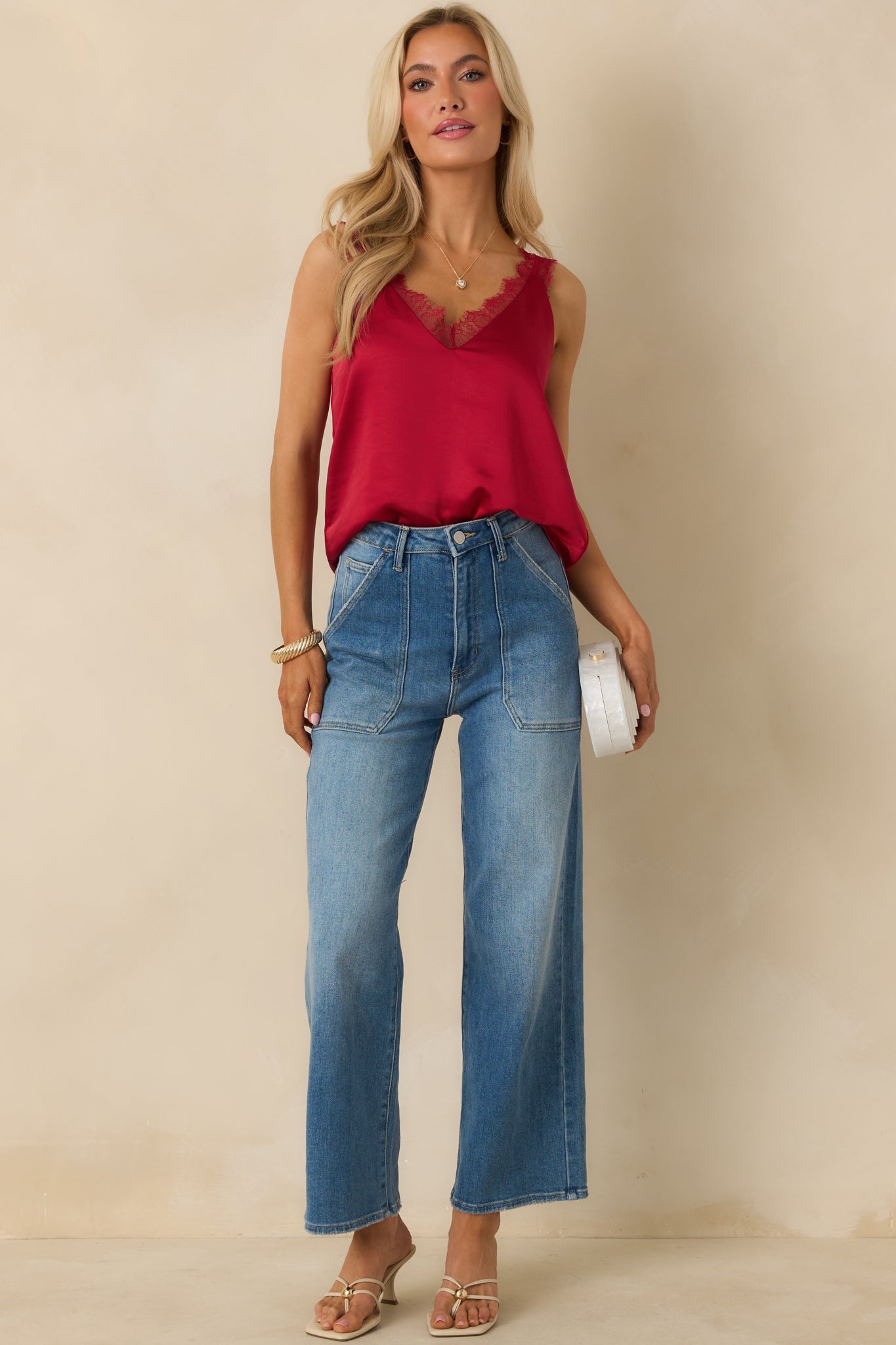 Steal The Show Red Shimmer Lace Trim Cami
