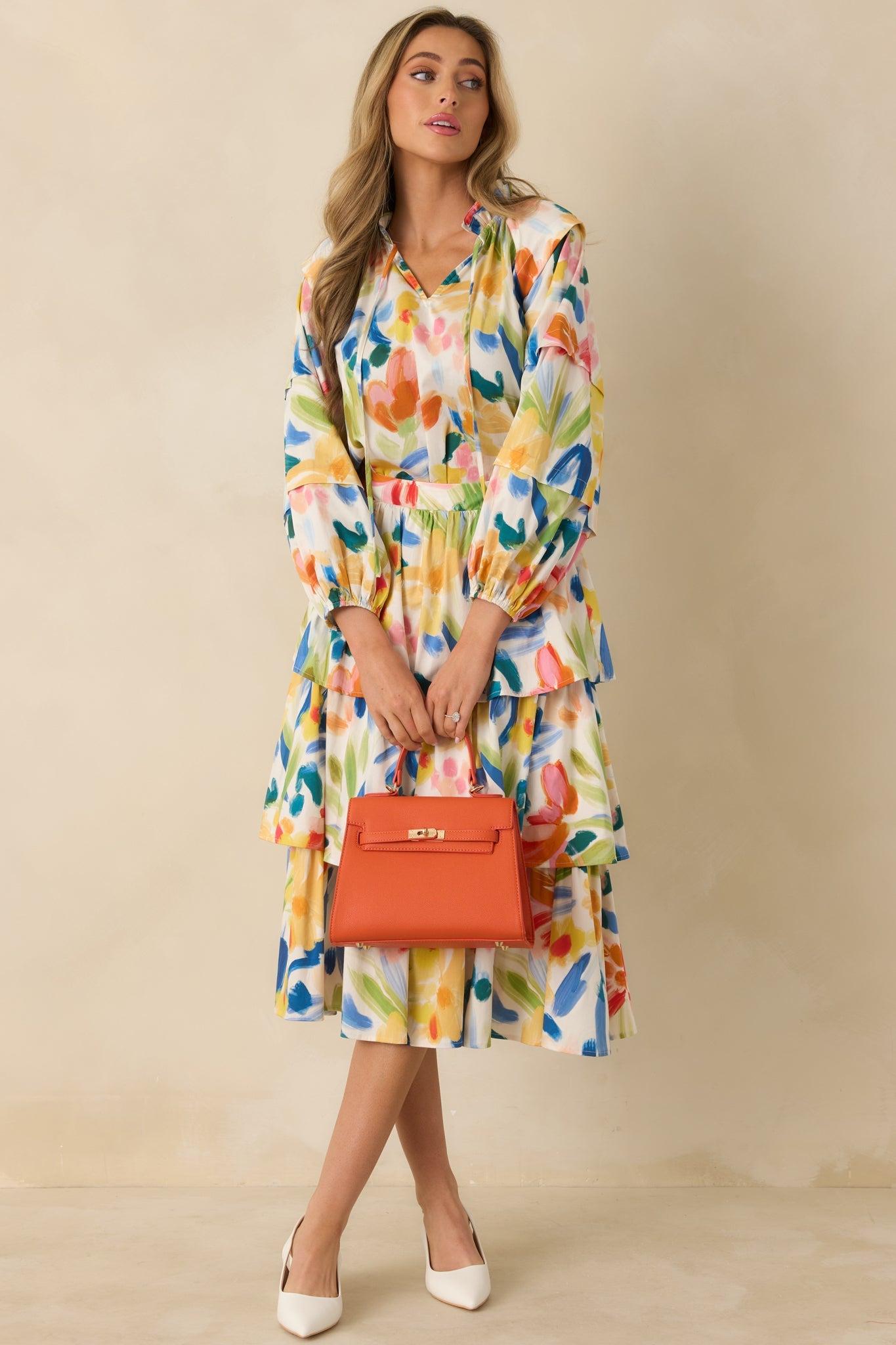 Prosperina Chantilly Multi Cotton Abstract Floral Print Tiered Midi Skirt