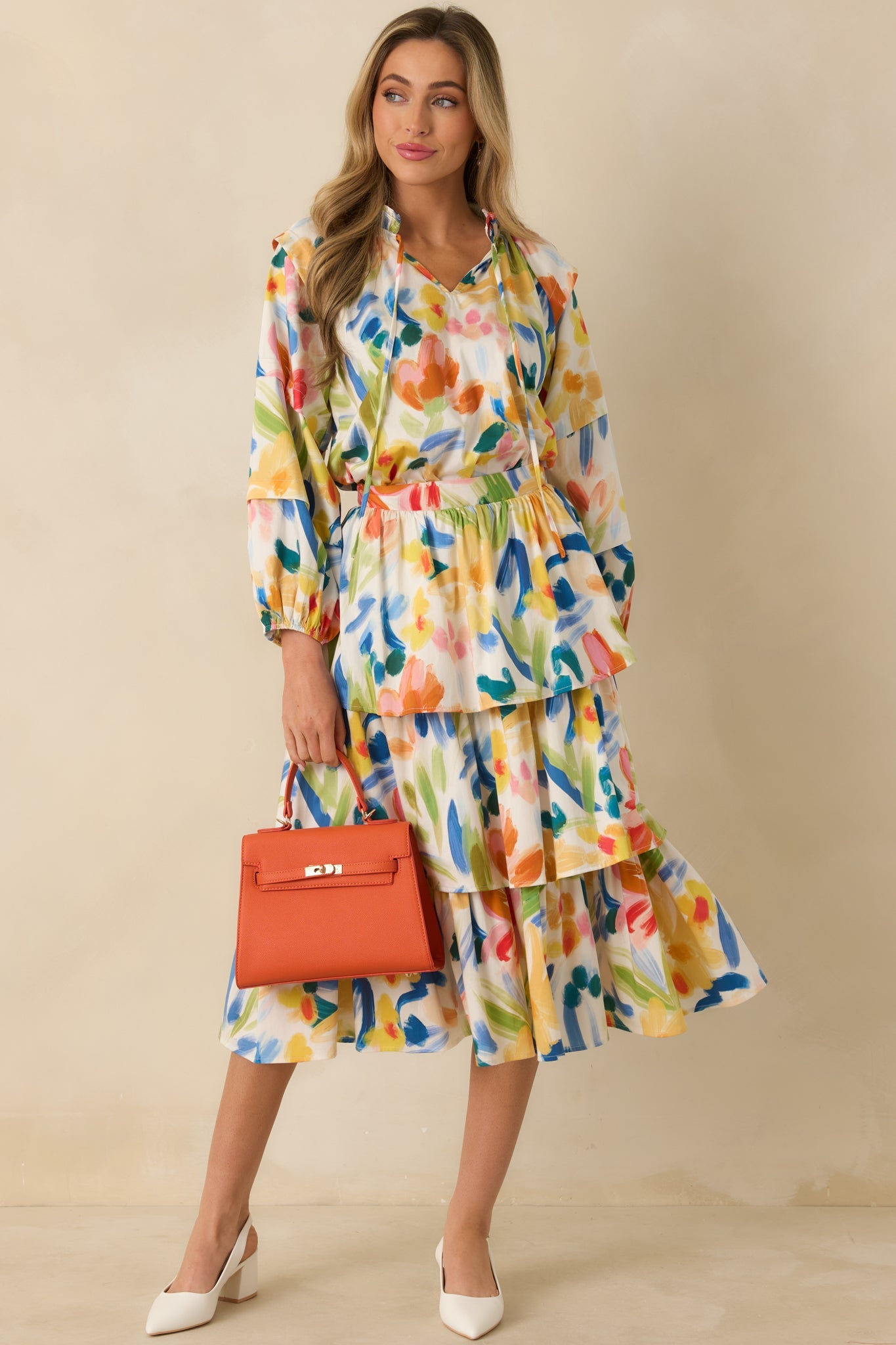 Prosperina Chantilly Multi Cotton Abstract Floral Print Tiered Midi Skirt
