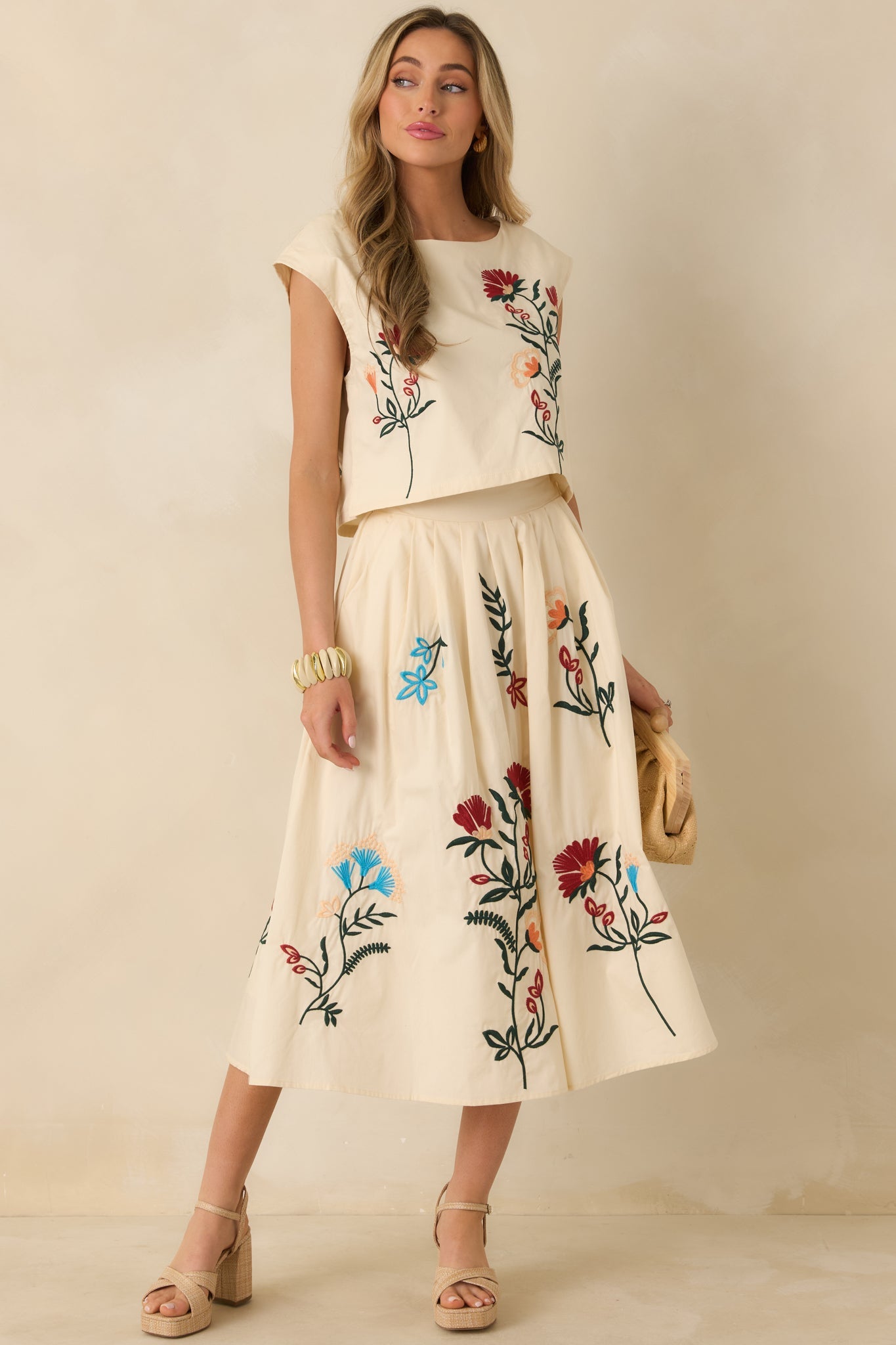 Found Treasures Natural Multi Floral Embroidered Crop Top
