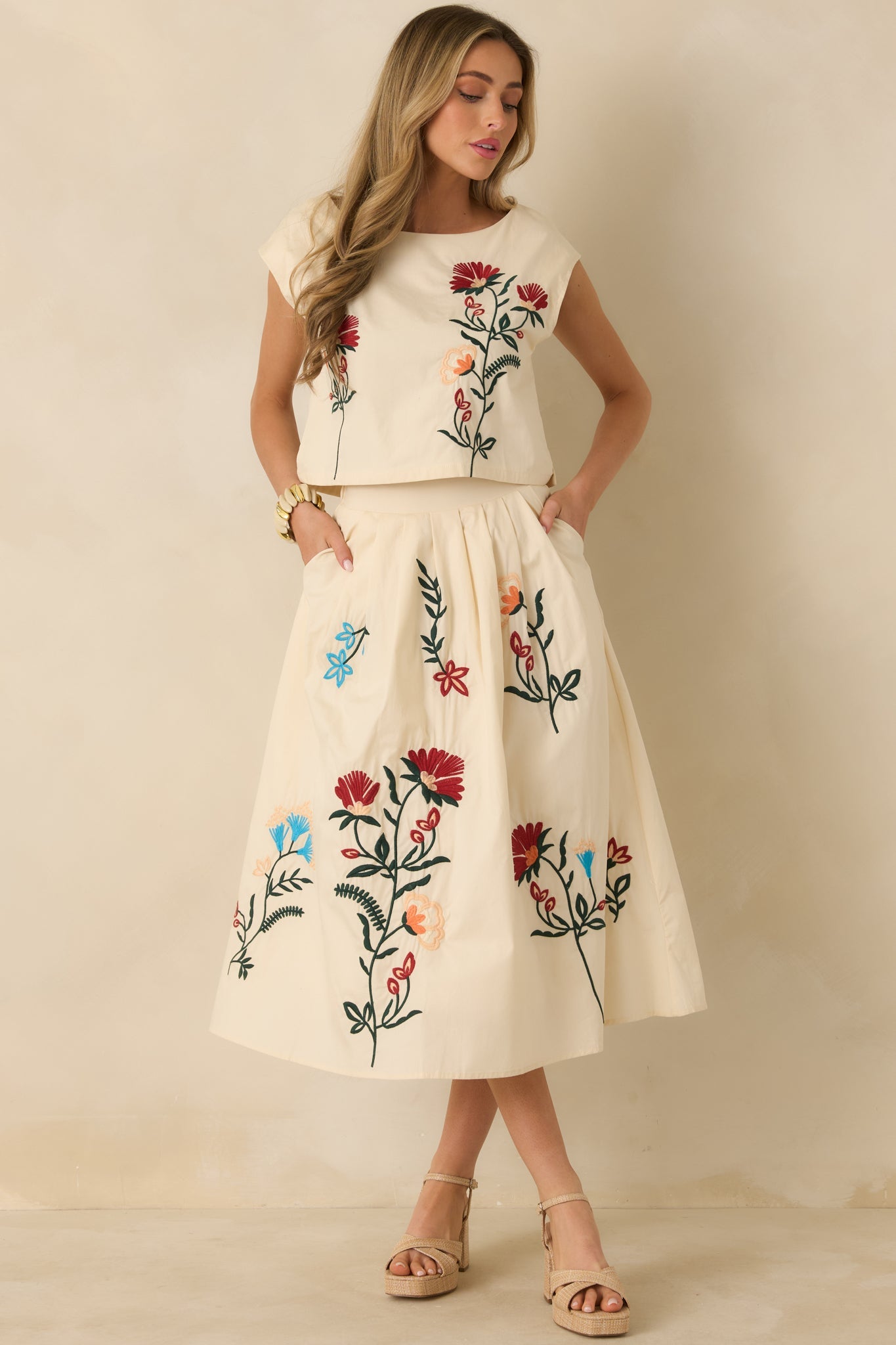 Found Treasures Natural Multi Floral Embroidered Crop Top
