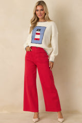 Bright On the Coast Ivory Multi Knit Contrast Stitch Lighthouse Sweater