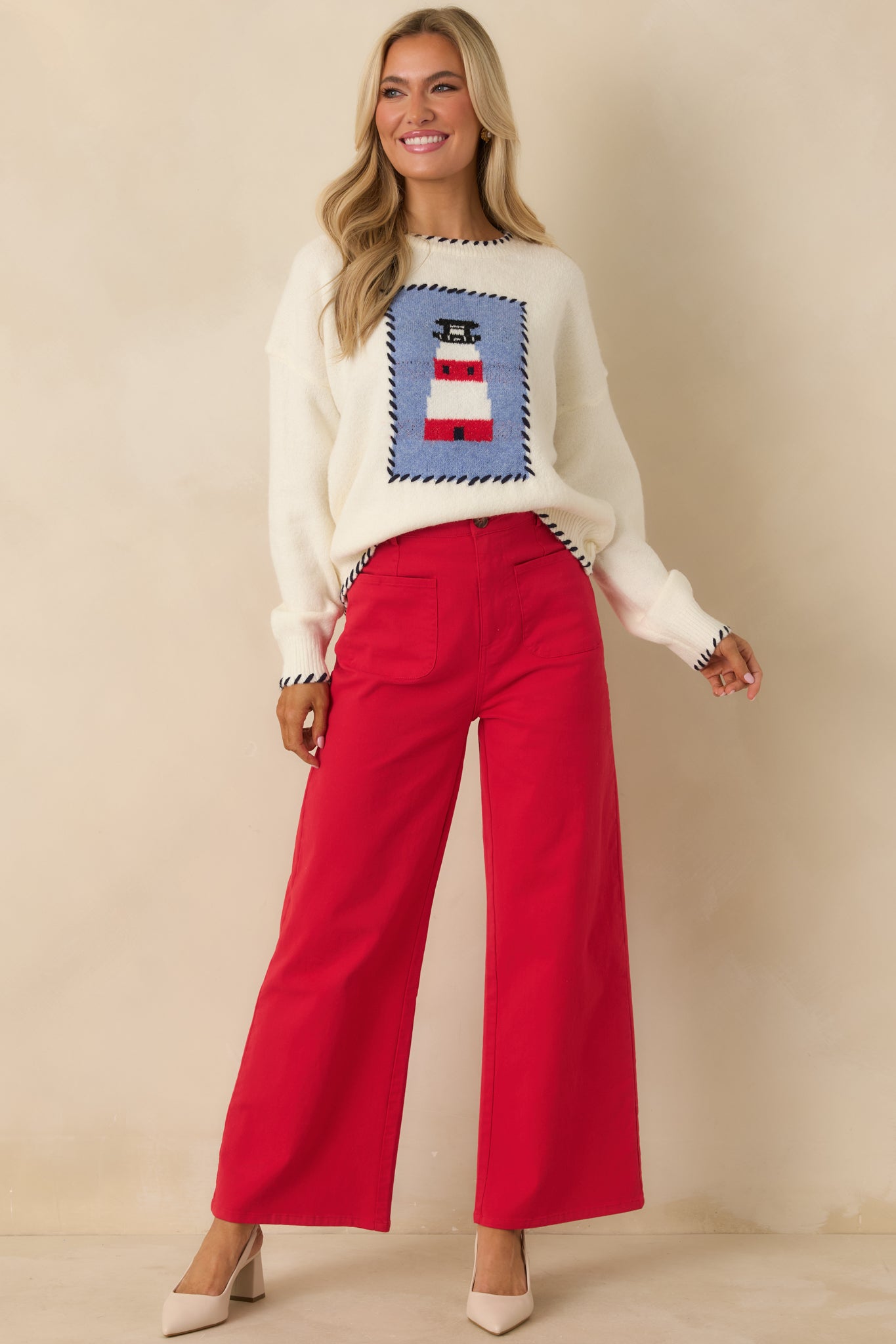 Bright On the Coast Ivory Multi Knit Contrast Stitch Lighthouse Sweater