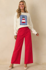 Bright On the Coast Ivory Multi Knit Contrast Stitch Lighthouse Sweater