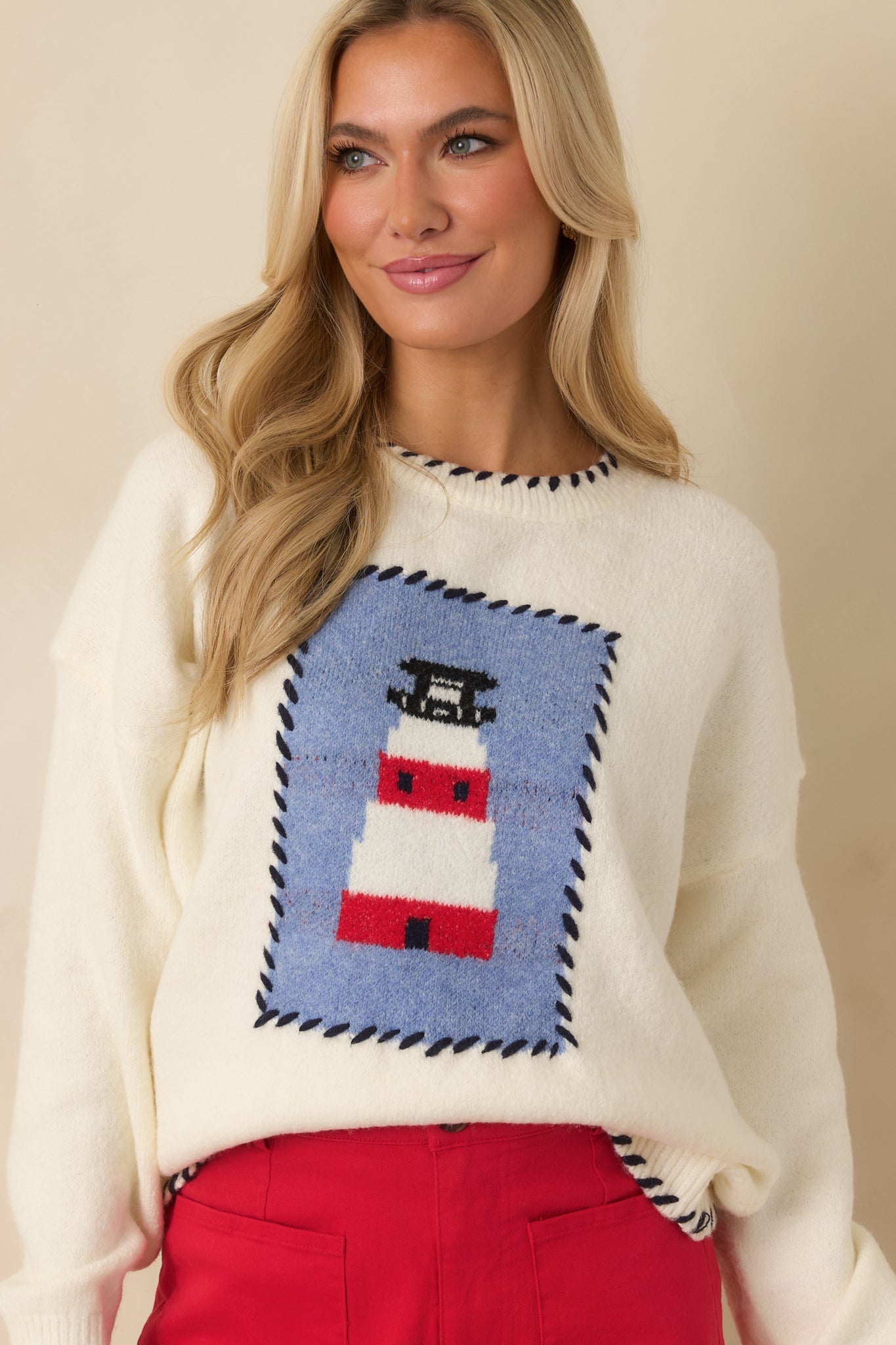 Bright On the Coast Ivory Multi Knit Contrast Stitch Lighthouse Sweater