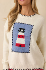 Bright On the Coast Ivory Multi Knit Contrast Stitch Lighthouse Sweater