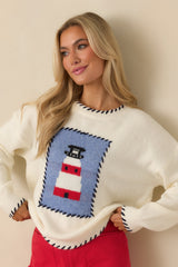 Bright On the Coast Ivory Multi Knit Contrast Stitch Lighthouse Sweater