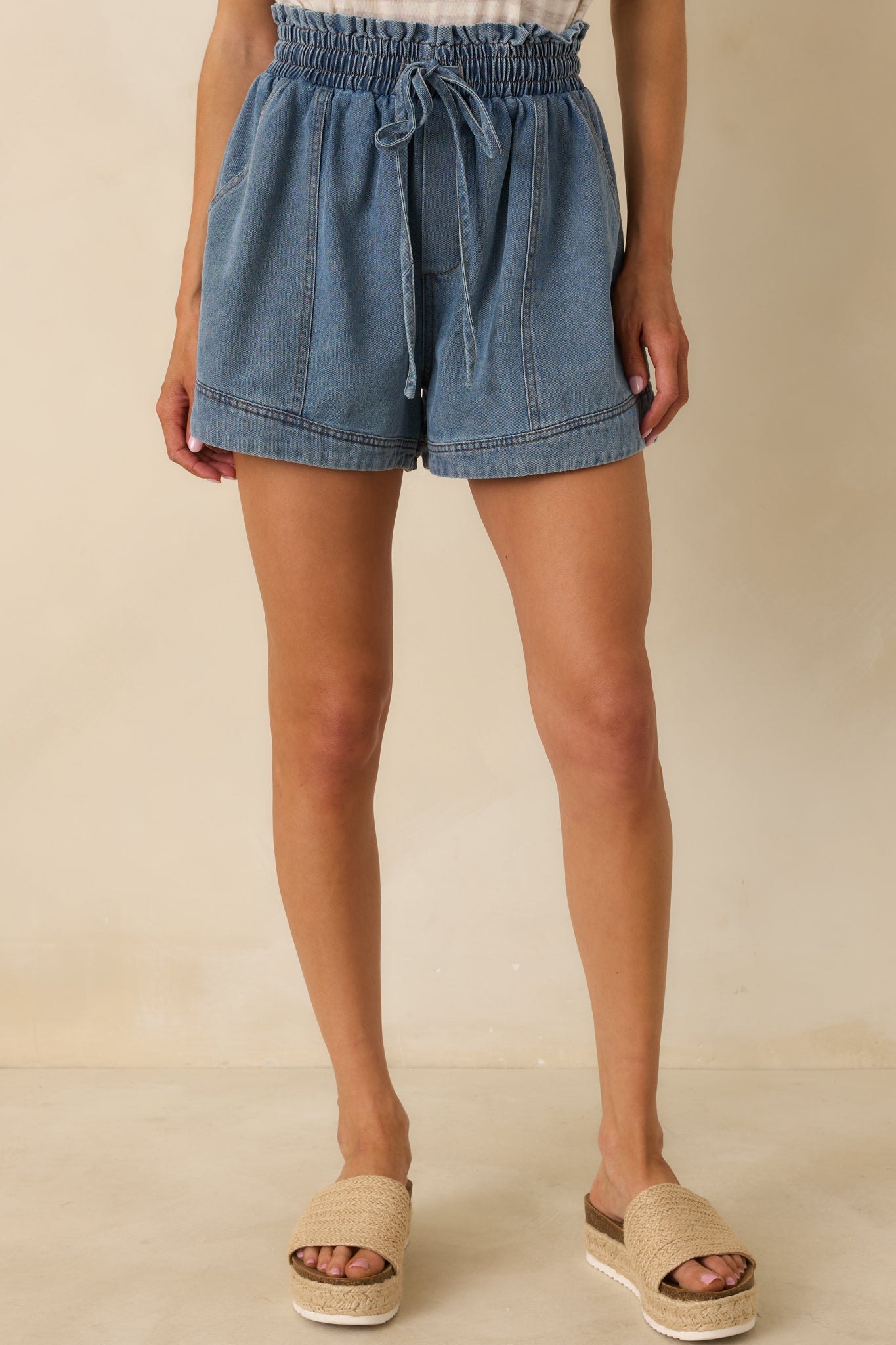 First Things First Medium Wash Cotton Drawstring Denim Shorts