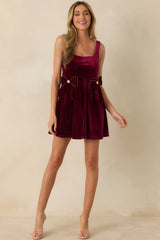 Looking Your Way Burgundy Velvet Bow Detail Mini Dress