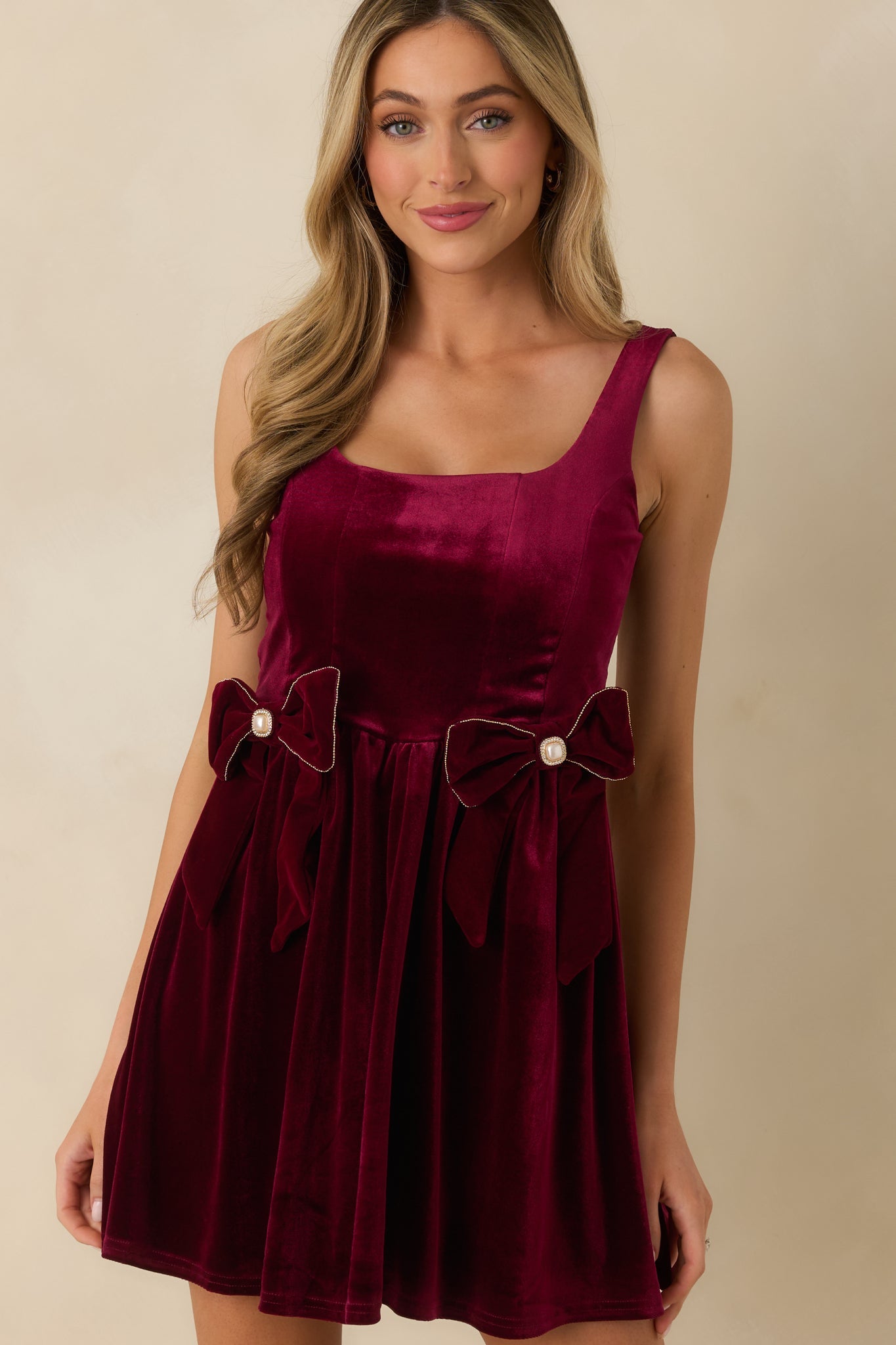 Looking Your Way Burgundy Velvet Bow Detail Mini Dress