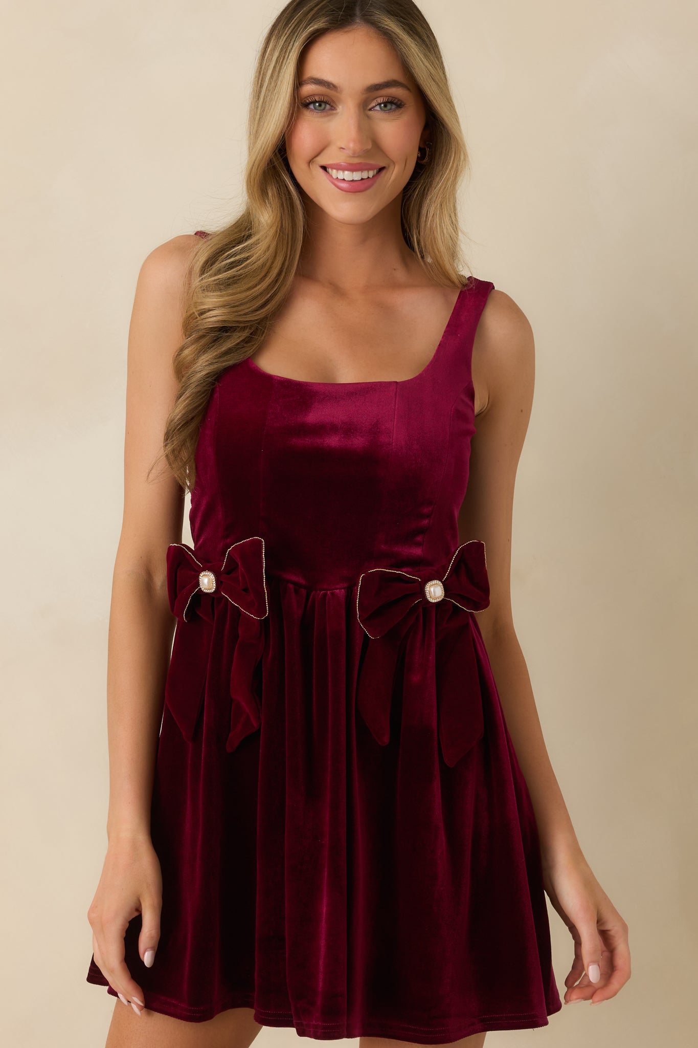 Looking Your Way Burgundy Velvet Bow Detail Mini Dress