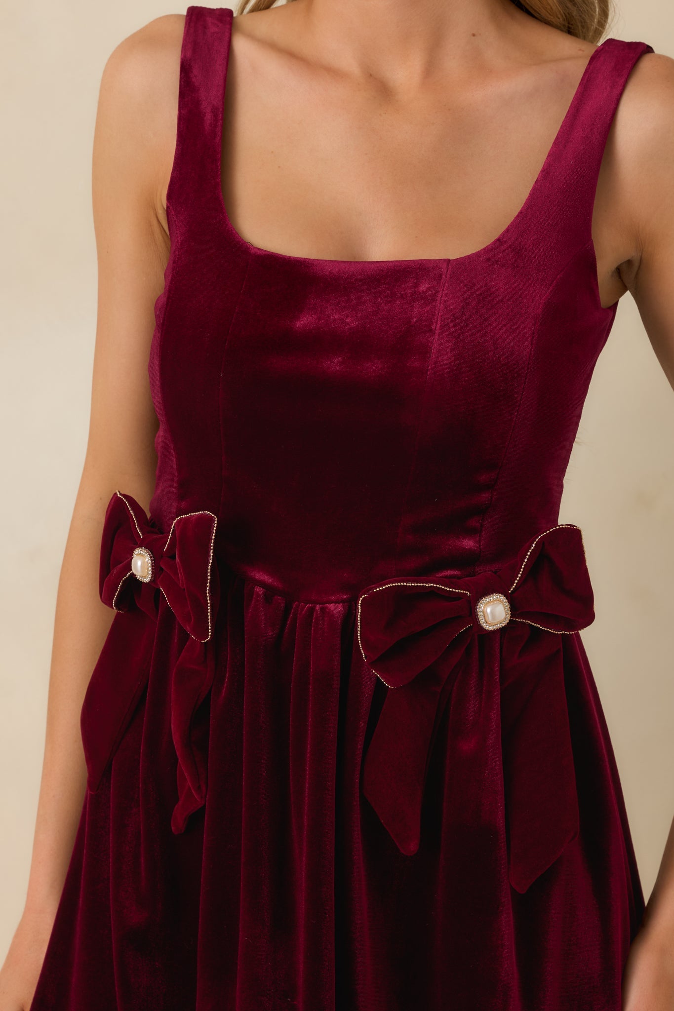 Looking Your Way Burgundy Velvet Bow Detail Mini Dress