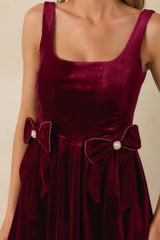 Looking Your Way Burgundy Velvet Bow Detail Mini Dress