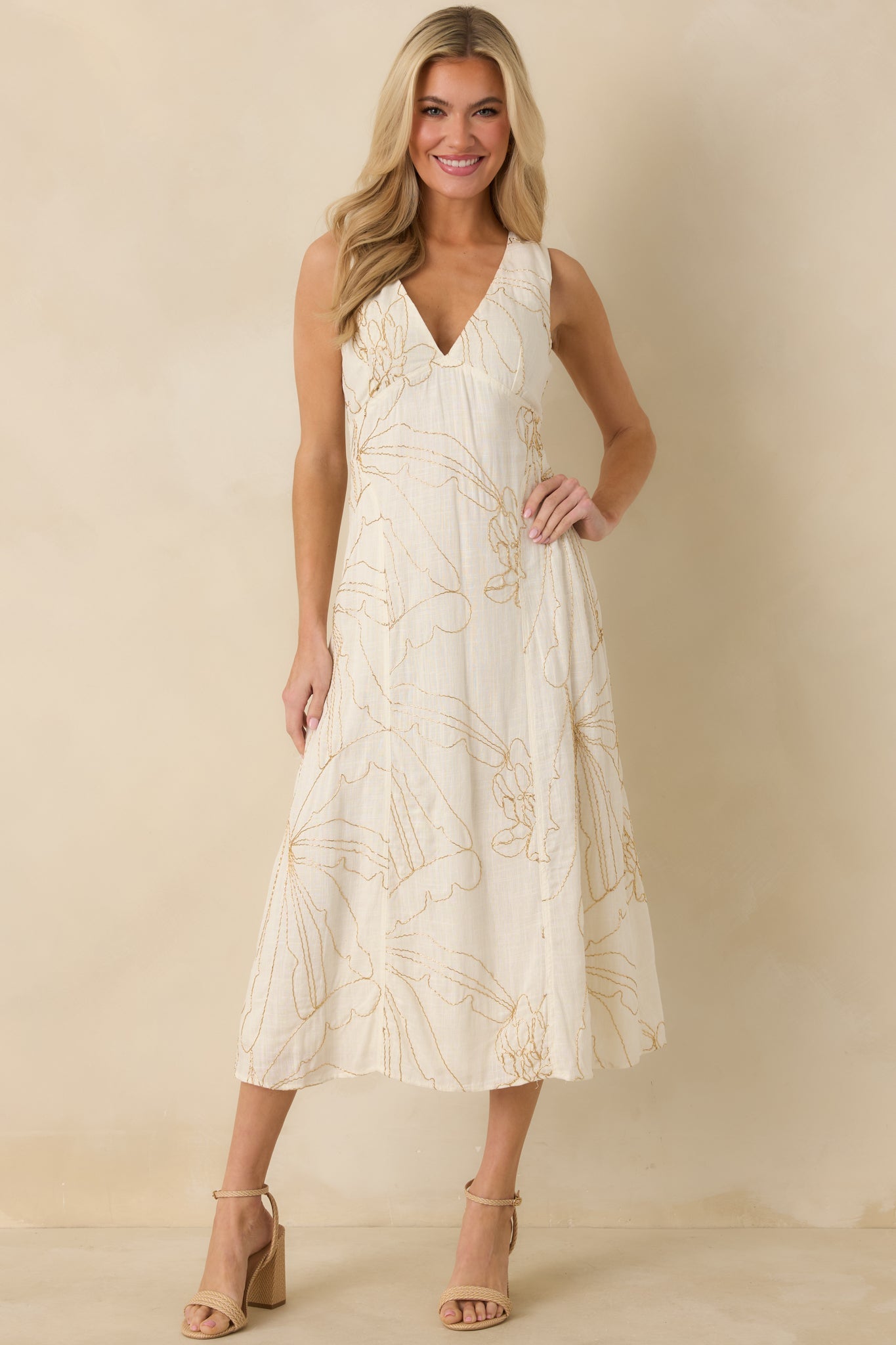 To Be Clear Ivory Gold Bead Embroidered Floral Print Midi Dress