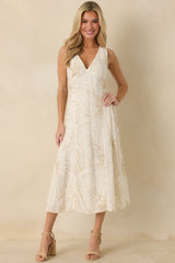 To Be Clear Ivory Gold Bead Embroidered Floral Print Midi Dress