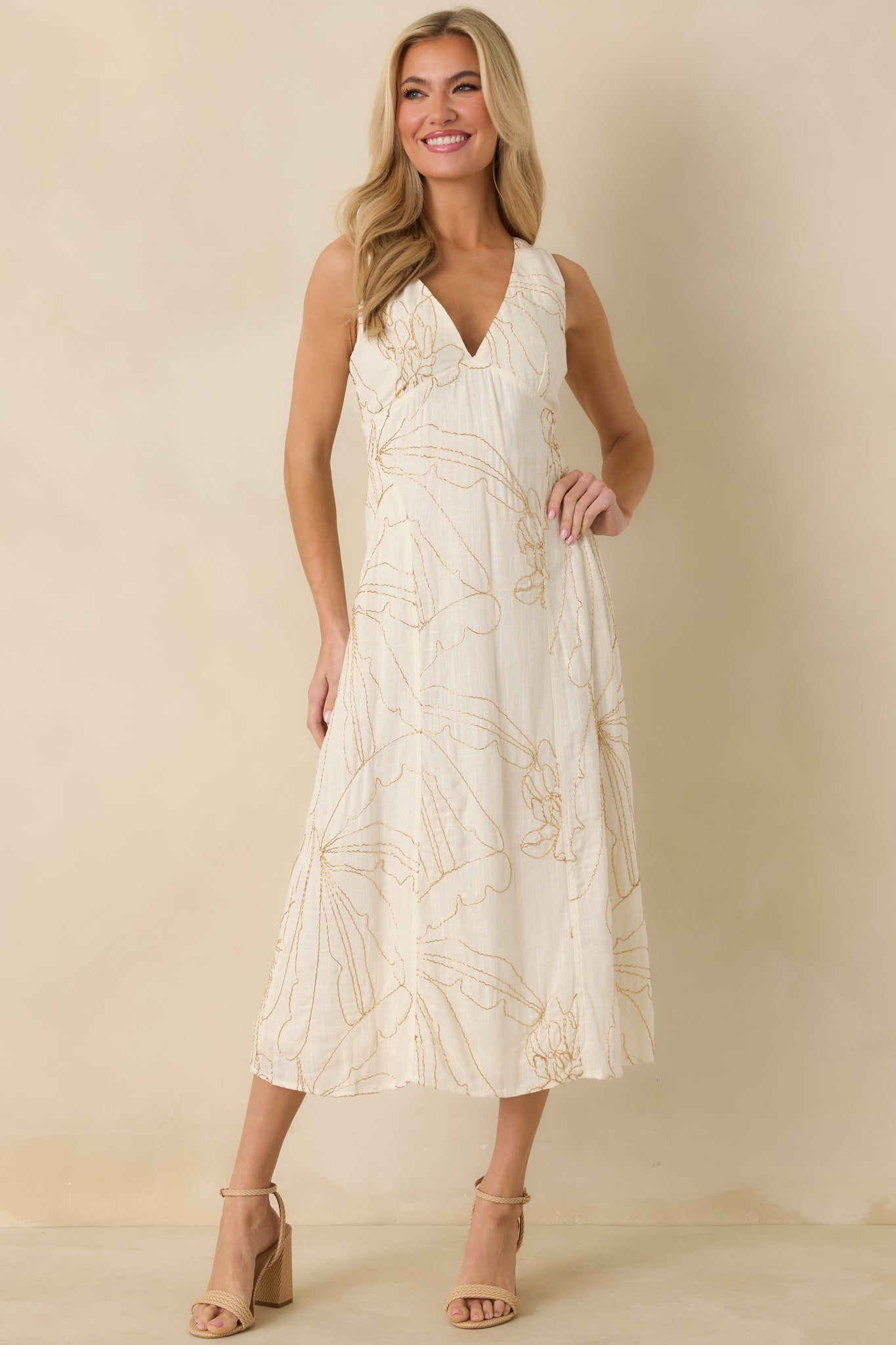 To Be Clear Ivory Gold Bead Embroidered Floral Print Midi Dress