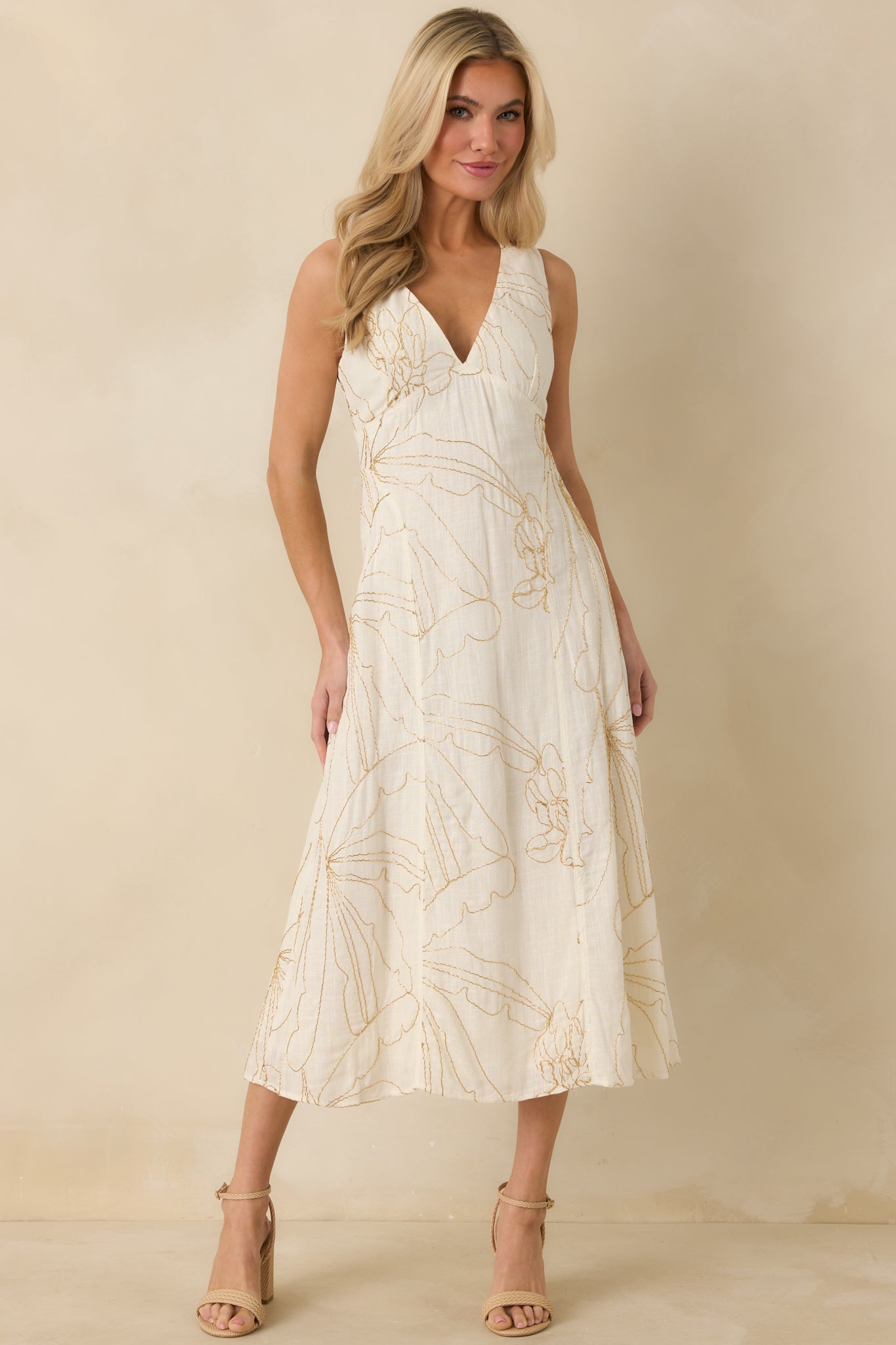 To Be Clear Ivory Gold Bead Embroidered Floral Print Midi Dress