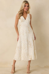 To Be Clear Ivory Gold Bead Embroidered Floral Print Midi Dress