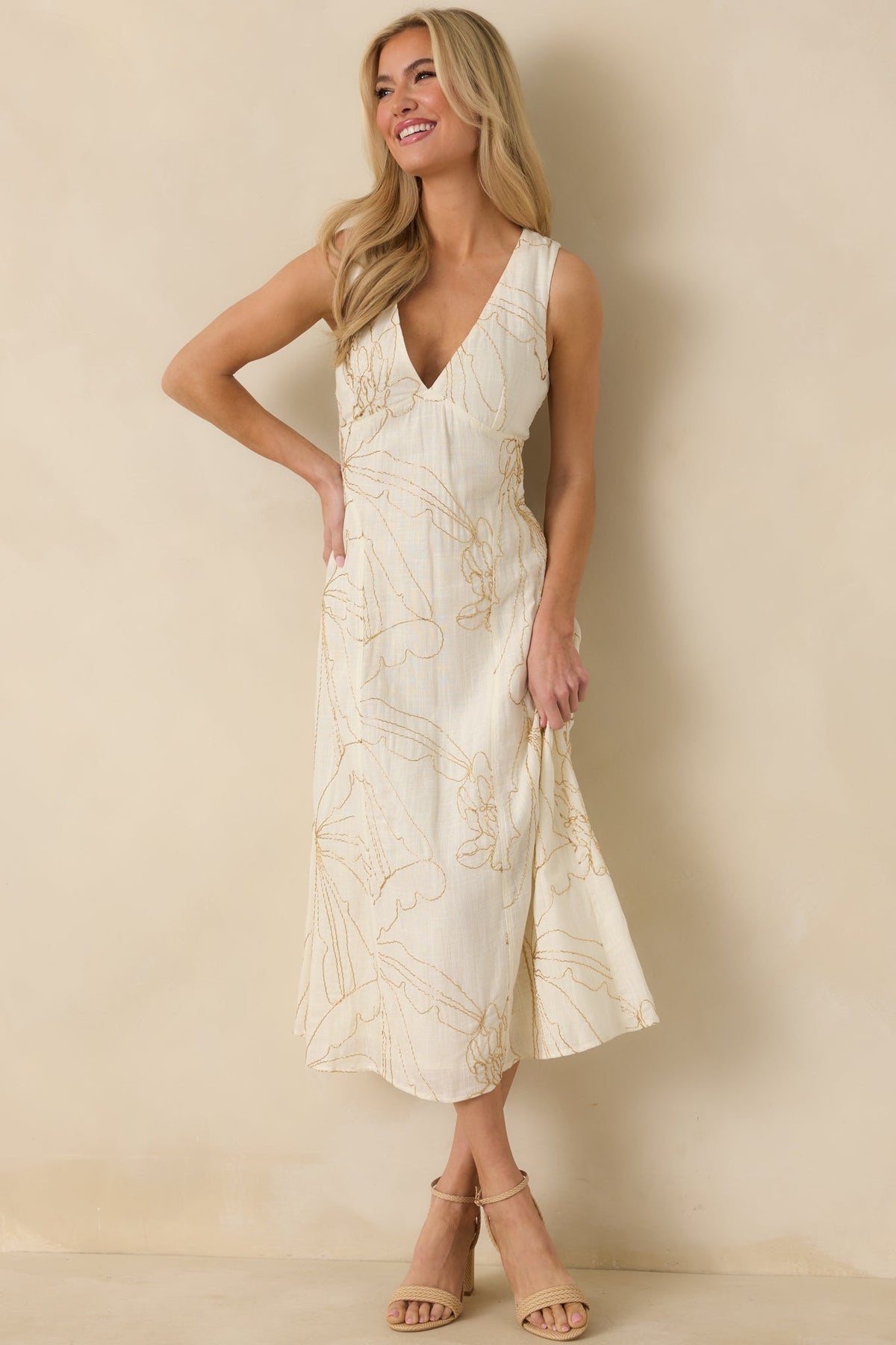 To Be Clear Ivory Gold Bead Embroidered Floral Print Midi Dress